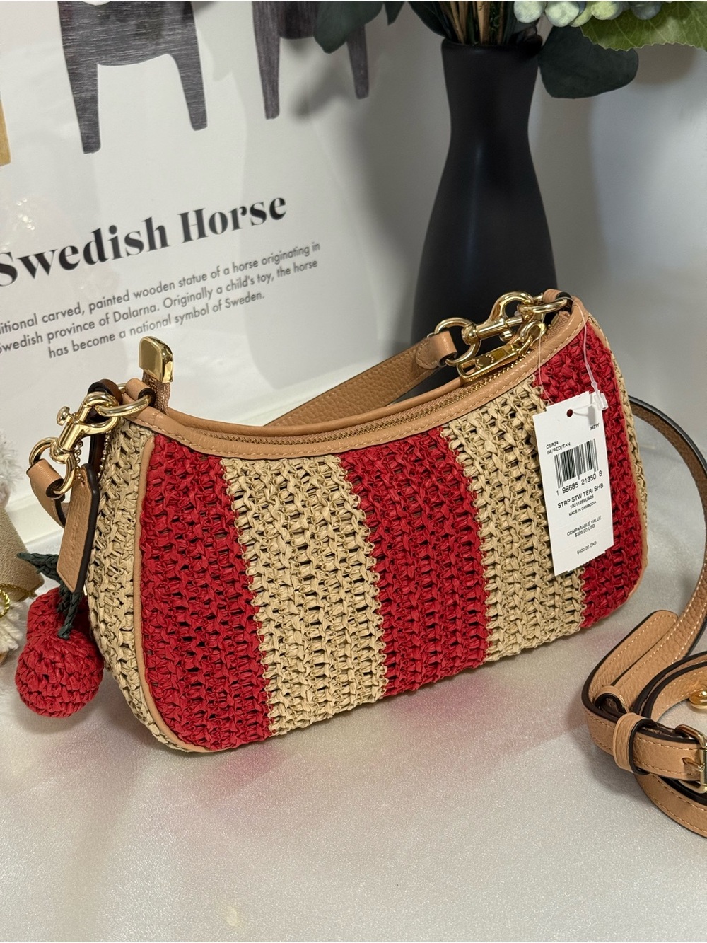 COACH teri shoulder bag with stripes and charm. gold/red/tan CER34 - Picture 4 of 11